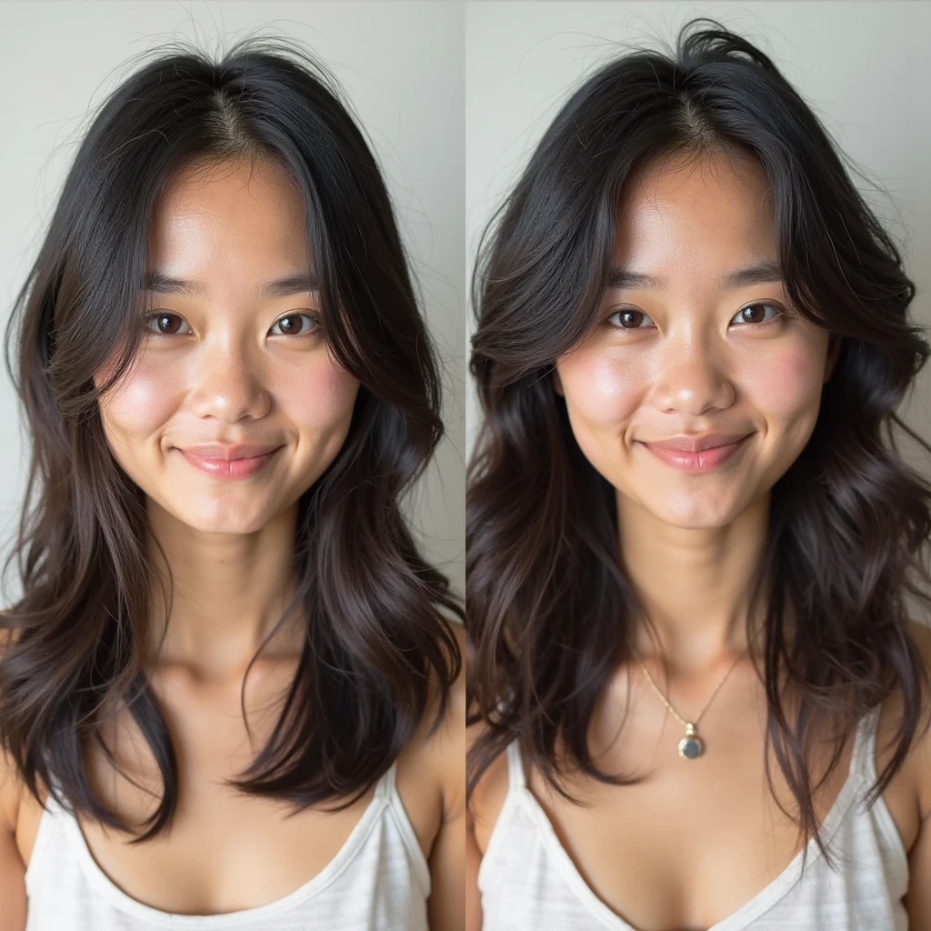 Girl with oily hair before and after using sulfate-free shampoo