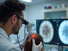 Лупа чи сухість шкіри голови? Як відрізнити і що робити Лікар-дерматолог оглядає шкіру голови через дерматоскоп