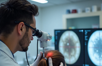 Перхоть или сухость кожи головы? Как отличить и что делать Врач-дерматолог осматривает кожу головы через дерматоскоп