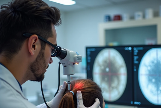 Перхоть или сухость кожи головы? Как отличить и что делать Врач-дерматолог осматривает кожу головы через дерматоскоп